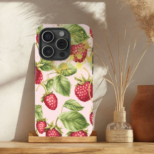 Girly Red, Pastel Pink and Gold Raspberry Fruit iPhone 15 Case