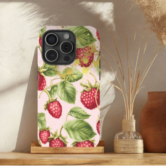 Girly Red, Pastel Pink and Gold Raspberry Fruit  iPhone 15 Case