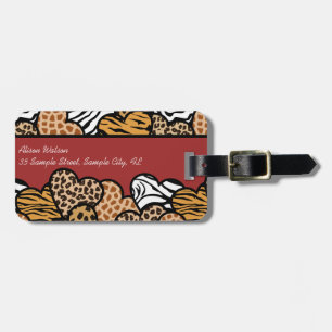 Girly Red Playful Animal Print Hearts Address  Luggage Tag