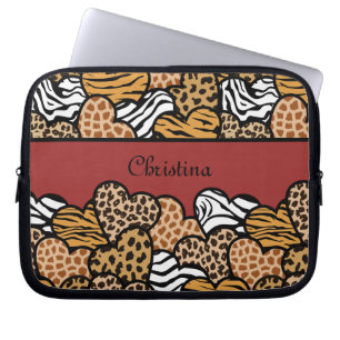 Girly Red Playful Animal Print Hearts Name Laptop Sleeve