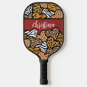 Girly Red Playful Animal Print Hearts Name Pickleball Paddle
