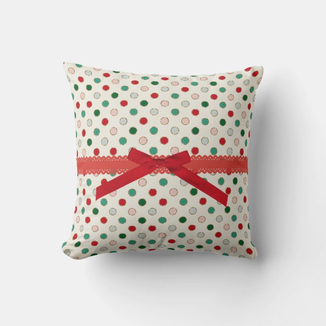 Girly Red Polka Dot Holiday Pattern Throw Pillow (Front)