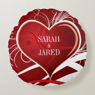 Girly Red & White Abstract Heart And Floral Swirls Round Cushion