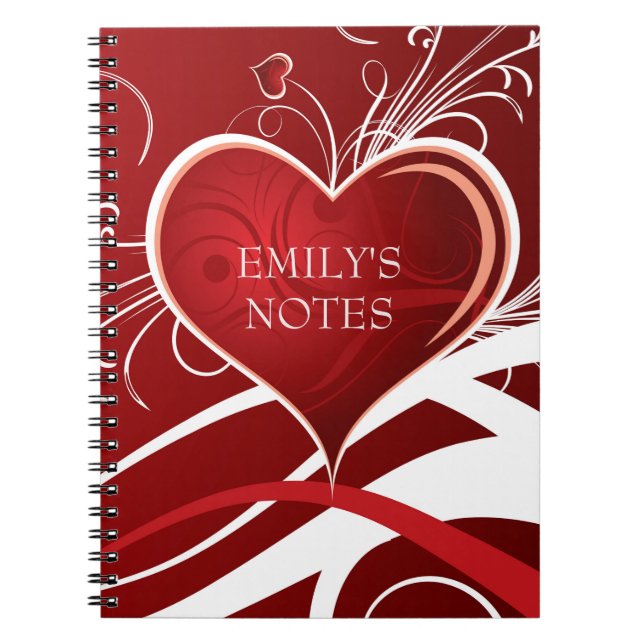 Girly Red & White Abstract Heart And Floral Swirls Spiral Notebook (Front)