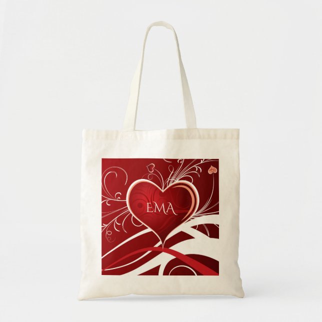 Girly Red & White Abstract Heart And Floral Swirls Tote Bag (Front)