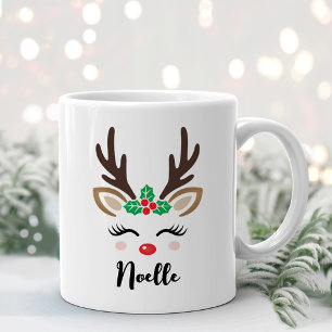 Girly Reindeer Face Holly Custom Name Coffee Mug