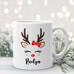 Girly Reindeer Face Personalised Name Christmas Coffee Mug