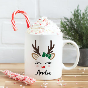 Girly Reindeer Face Personalised Name Christmas Coffee Mug