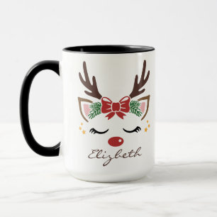 Girly Reindeer Face Personalized Name Christmas Mug