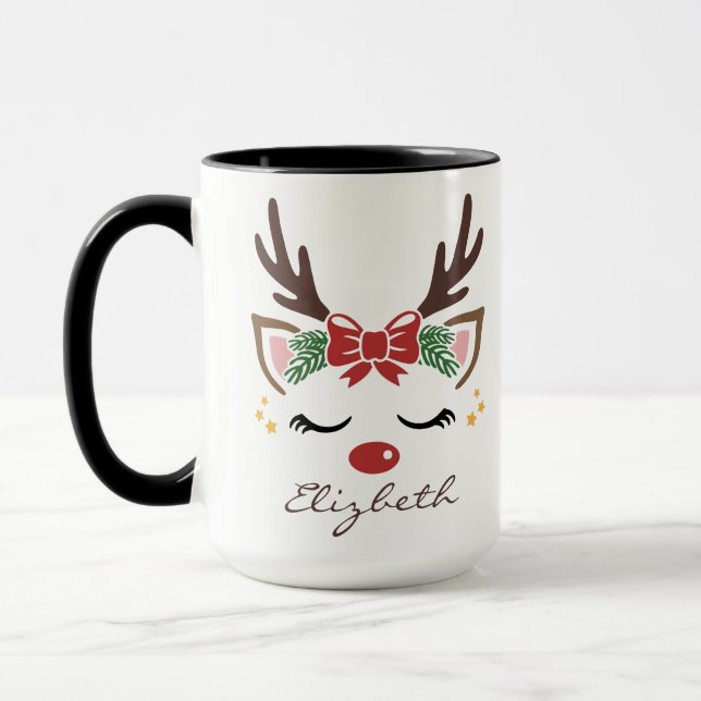 Girly Reindeer Face Personalized Name Christmas  Mug (Left)