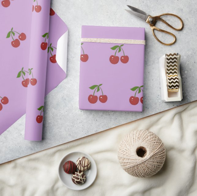 Girly Retro Pastel Purple Red Cherry Fruit Pattern Wrapping Paper (Crafts)