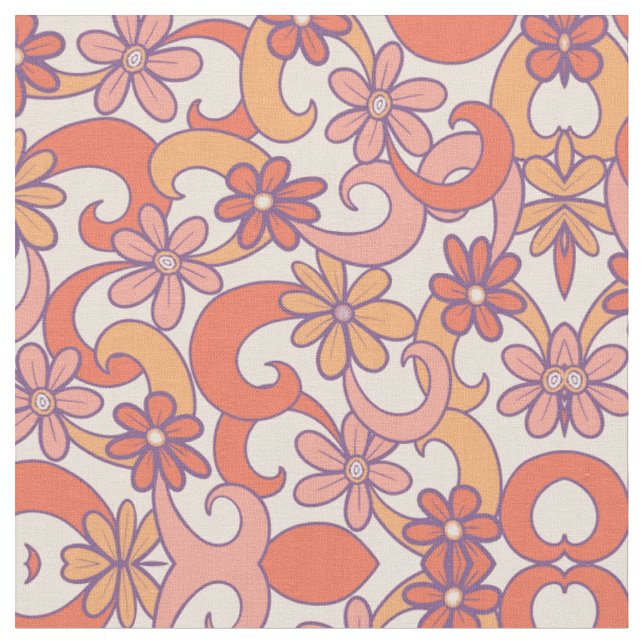 Girly Retro Pink Orange Groovy Flowers Fabric (Close Up)