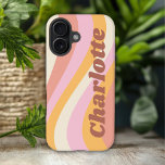 Girly Retro Vintage Wave Personalised Name iPhone 16 Case<br><div class="desc">Girly Retro Vintage Wave Personalised Name iPhone 16 Phone Cases features a retro wave in shades of pink, orange and white with your personalised name in elegant trendy modern script accented. Personalise by editing the text in the text box provided. Perfect for birthday, Christmas, Mother's Day, baby showers, bridal showers,...</div>