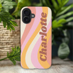 Girly Retro Vintage Wave Personalised Name iPhone 16 Plus Case<br><div class="desc">Girly Retro Vintage Wave Personalised Name iPhone 16 Plus Phone Cases features a retro wave in shades of pink, orange and white with your personalised name in elegant trendy modern script accented. Personalise by editing the text in the text box provided. Perfect for birthday, Christmas, Mother's Day, baby showers, bridal...</div>