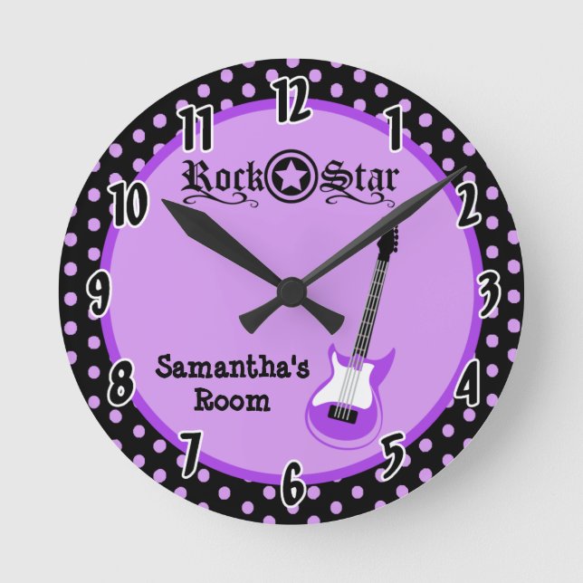 Girly Rock Star Purple Guitar Personalised Clock (Front)