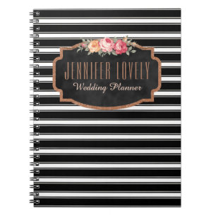 Girly Rose Gold B&W Stripes   Your Name Monogram Spiral Notebook