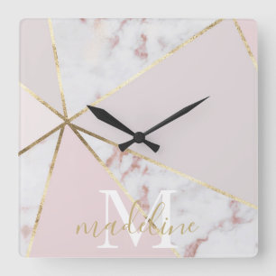 Girly Rose Gold Blush Geometric Monogram Clock
