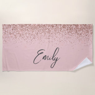 Girly Rose Gold Blush Pink Glitter Monogram Beach Towel