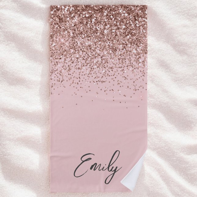 Girly Rose Gold Blush Pink Glitter Monogram Beach Towel (Creator Uploaded)