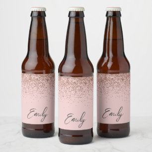 Girly Rose Gold Blush Pink Glitter Monogram Beer Bottle Label