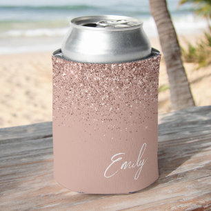 Girly Rose Gold Blush Pink Glitter Monogram Can Cooler