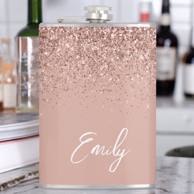 Girly Rose Gold Blush Pink Glitter Monogram Flask (Creator Uploaded)