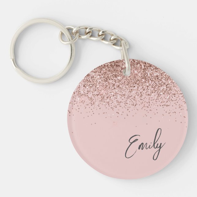 Girly Rose Gold Blush Pink Glitter Monogram Key Ring (Front)