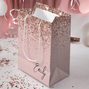 Girly Rose Gold Blush Pink Glitter Monogram Medium Gift Bag