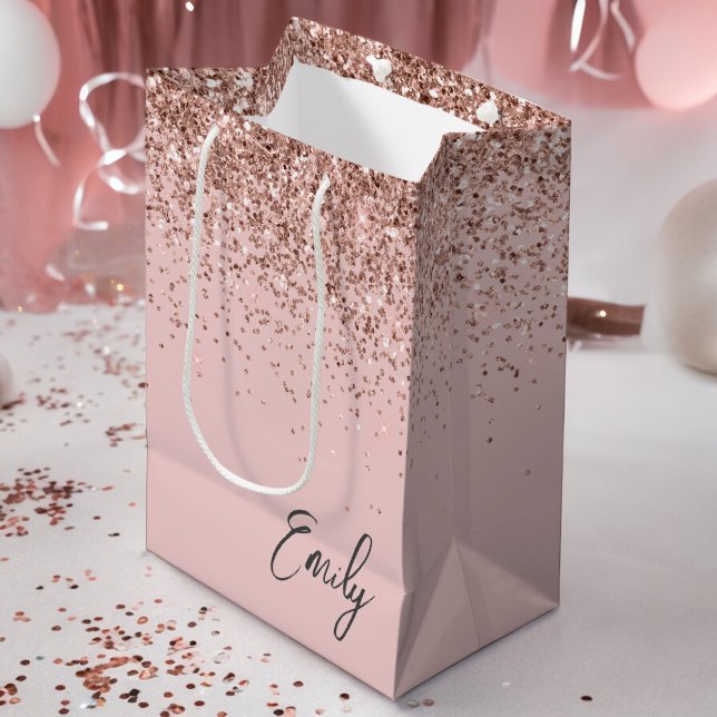 Girly Rose Gold Blush Pink Glitter Monogram Medium Gift Bag (Creator Uploaded)