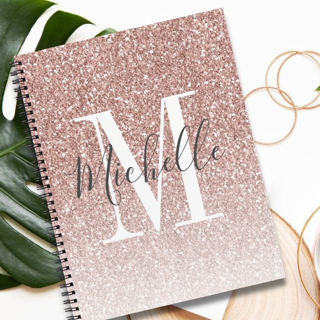 Girly Rose Gold Blush Pink Glitter Monogram Name Notebook (Creator Uploaded)