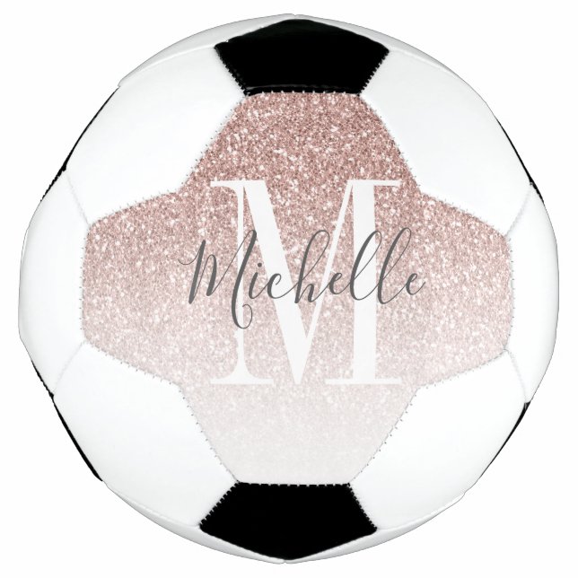 Girly Rose Gold Blush Pink Glitter Monogram Name Soccer Ball (Front)