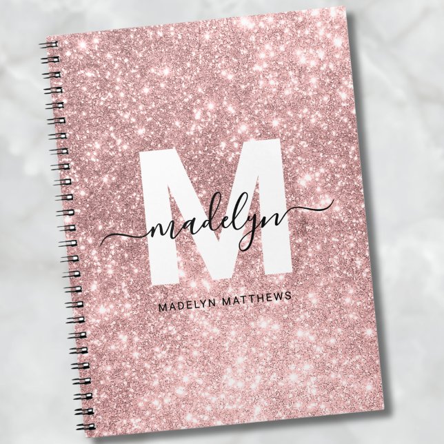 Girly Rose Gold Blush Pink Glitter Monogram Notebook (Girly Rose Gold Blush Pink Glitter Name Monogram notebook)