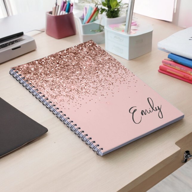 Girly Rose Gold Blush Pink Glitter Monogram Notebook (Creator Uploaded)