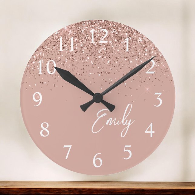 Girly Rose Gold Blush Pink Glitter Monogram Round Clock (Creator Uploaded)