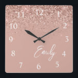 Girly Rose Gold Blush Pink Glitter Monogram Square Wall Clock<br><div class="desc">Girly Rose Gold - Blush Pink Sparkle Glitter Script Monogram Name Clock. This makes the perfect sweet 16 birthday,  wedding,  bridal shower,  anniversary,  baby shower or bachelorette party gift for someone that loves glam luxury and chic styles.</div>