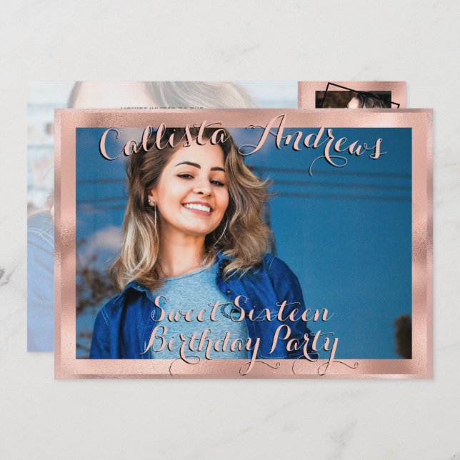 Girly Rose Gold Border Photo Collage Sweet 16 Invitation (Front/Back)