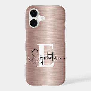 Girly Rose Gold Brushed Metal Chic White Monogram