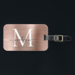 Girly Rose Gold Brushed Metal Monogram Script Luggage Tag<br><div class="desc">Pink Rose Gold Brushed Metal Script Monogram Cute Bag Tag</div>