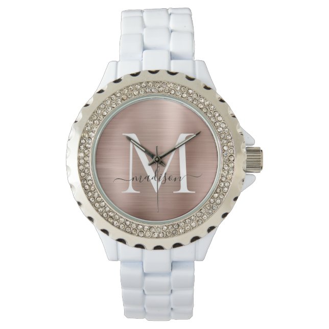 Girly Rose Gold Brushed Metal Monogram Script Name Watch (Front)