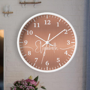 Girly Rose Gold Brushed Metal White Monogram Name  Clock