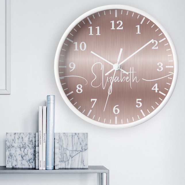 Girly Rose Gold Brushed Metal White Monogram Name  Clock (Creator Uploaded)