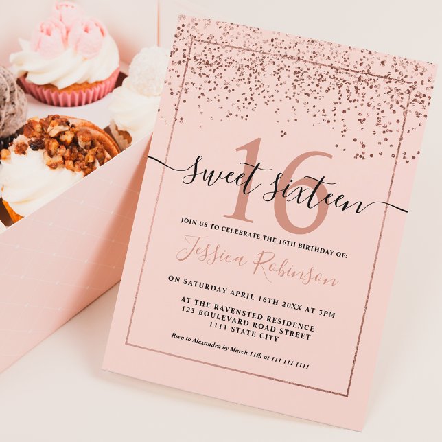 Girly rose gold confetti blush pink chic Sweet 16 Invitation (Creator Uploaded)
