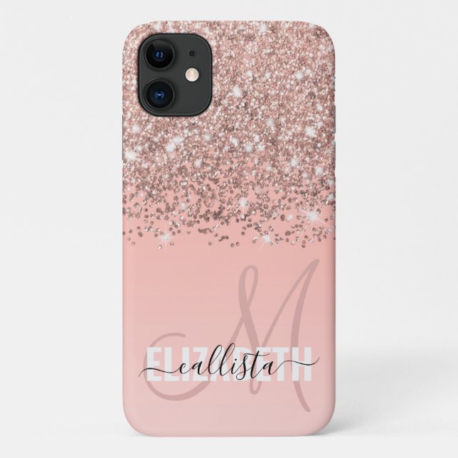 Girly Rose Gold Confetti Pink Gradient Monogram Case-Mate iPhone Case (Back)