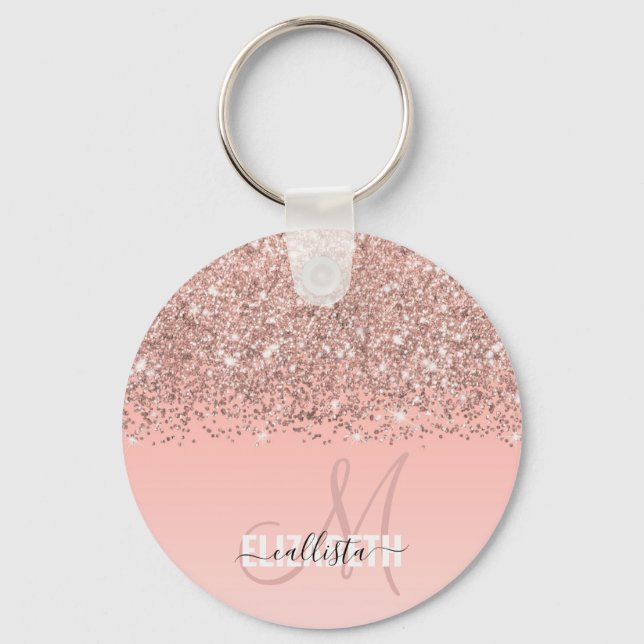 Girly Rose Gold Confetti Pink Gradient Monogram Key Ring (Front)