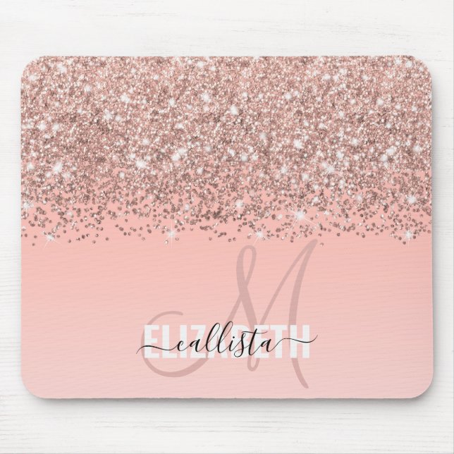 Girly Rose Gold Confetti Pink Gradient Monogram Mouse Pad (Front)