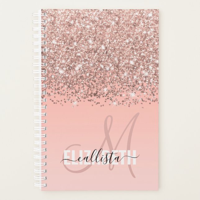 Girly Rose Gold Confetti Pink Gradient Monogram Planner (Front)