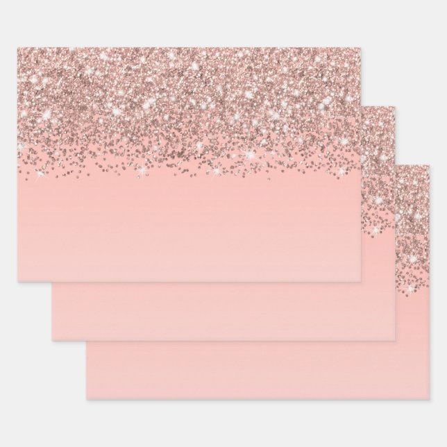 Girly Rose Gold Confetti Pink Gradient Ombre Wrapping Paper Sheet (Set)
