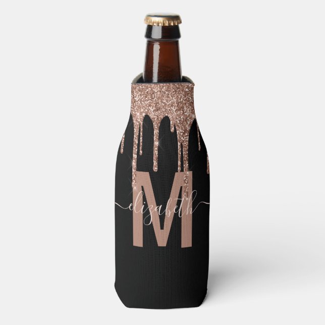 Girly Rose Gold Dripping Glitter Monogram Name Bottle Cooler (Bottle Front)