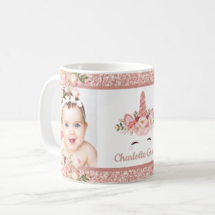 Girly Rose Gold Floral Unicorn Coffee Mug