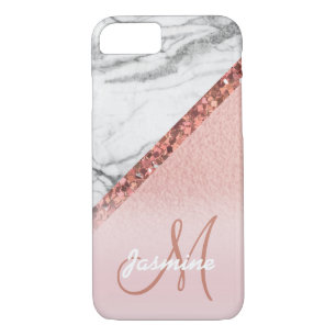 Girly Rose Gold Foil Glitter Grey Marble Monogram Case-Mate iPhone Case
